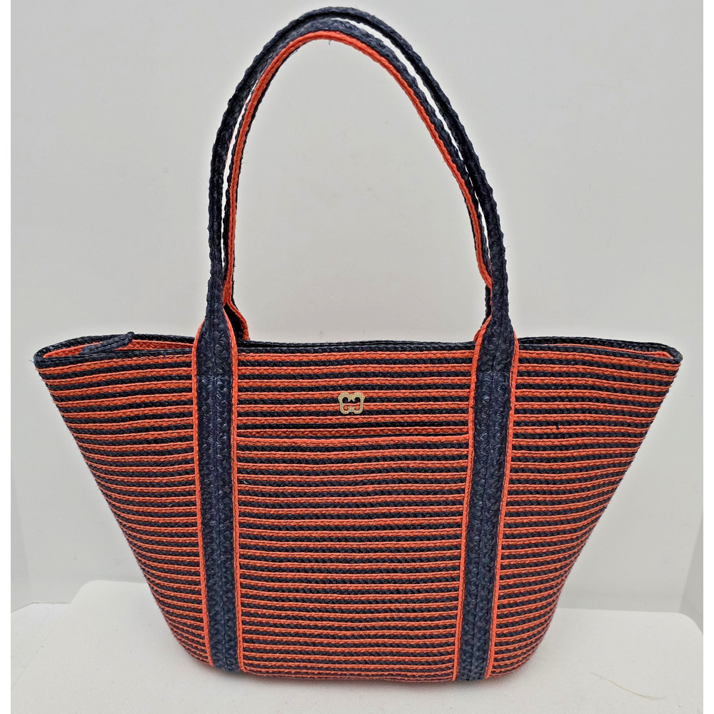 Eric Javits Faux Straw Tote Bag Navy/Orange Zipper Closure/Pockets